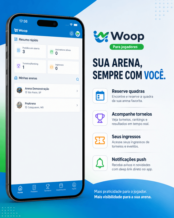 Tela inicial do app Woop com busca de arenas e reserva de quadra